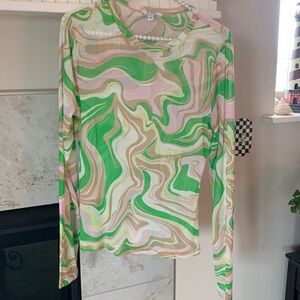 AFRM LA Sunny Long Sleeve Mesh Top In Green Pink Cream Swirl Size XL